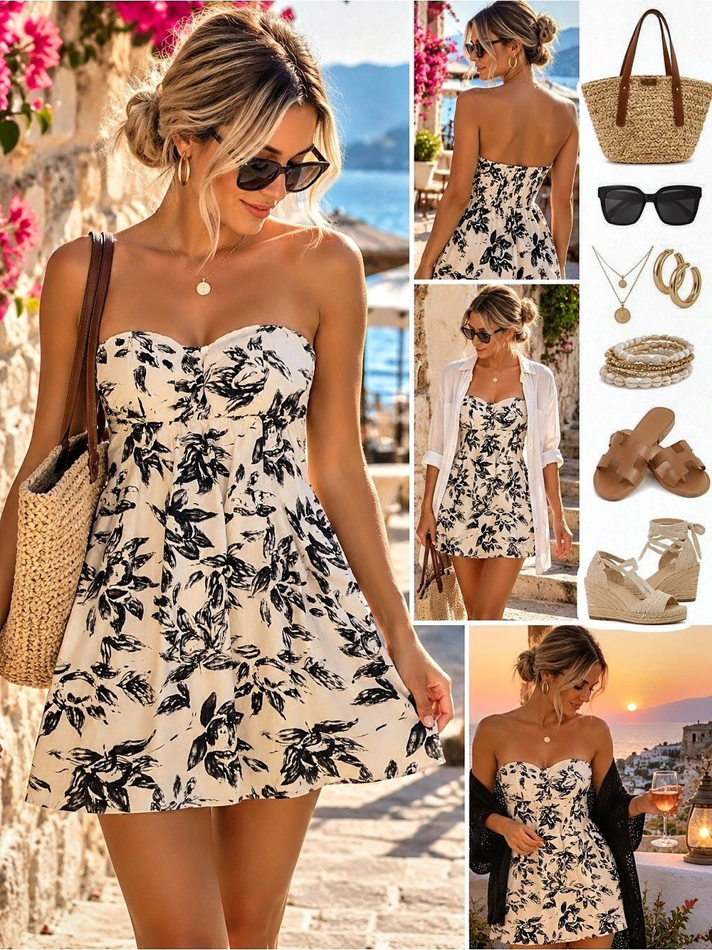 Floral Strapless Mini Dress in Cream & Black
